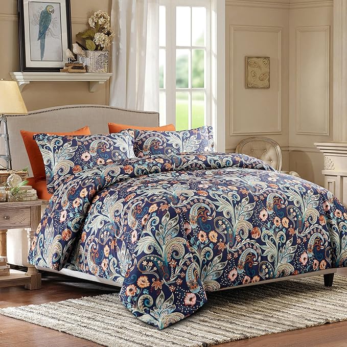 7 Piece Paisley Flower Comforter Set Bed in a Bag Set Queen Size Luxury Dark Blue Vintage Floral Boho Medallion Comforter Soft & Breathable Microfiber Bedding Set for Woman Adults