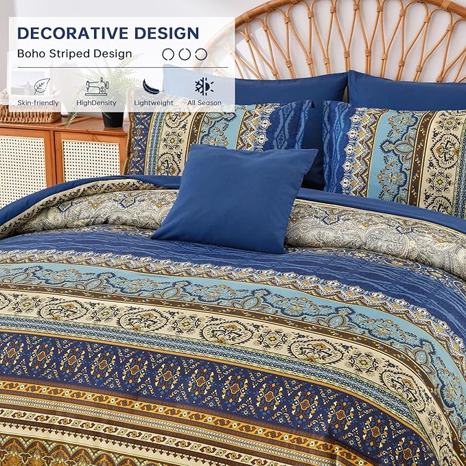 Cottolester Boho King Comforter Set 8 Pieces,Brown Blue Bohemian Comforter Paisley Striped Bed in A Bag,Soft Microfiber Bedding Set for All Season