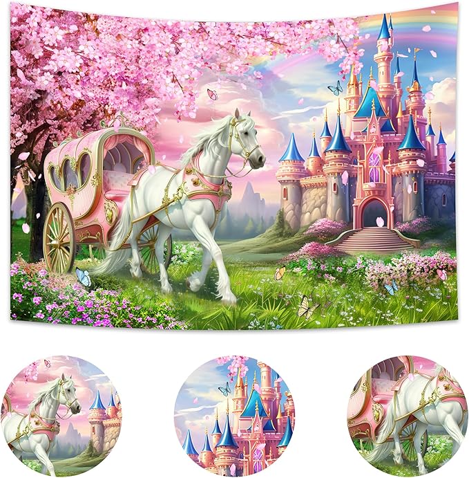 Riyidecor Princess Castle Backdrop Polyester Fabric Pink Sakura Rainbow Flowers Floral Fantasy Fairy Tale Wonderland 8Wx6H Feet White Horse Carriage Photography Background Birthday Photo Studio Shoot