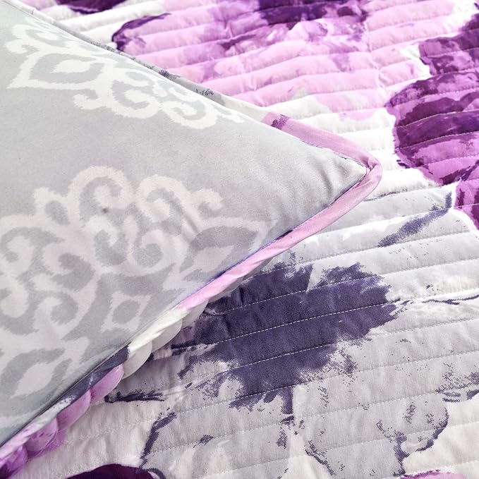 Lush Decor Leah Reversible Floral Quilt Set, 3 Piece Set, King, Gray & Purple - Watercolor Botanical - Cottage Core - French Country Decor- Bedding Queen Size