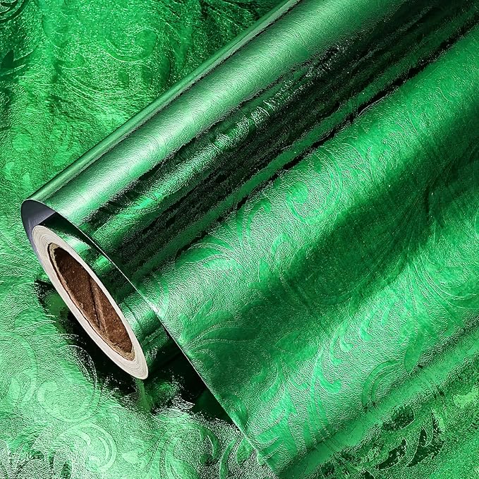LeZakaa 3D Embossed Floral Foil Gift Wrapping Paper, Vintage Flower Metallic Foil for Birthday Christmas Party Holiday Gift Wrap, for DIY Crafts Scrapbook, Mini Roll 17 inch x 32.8 Ft(Green)