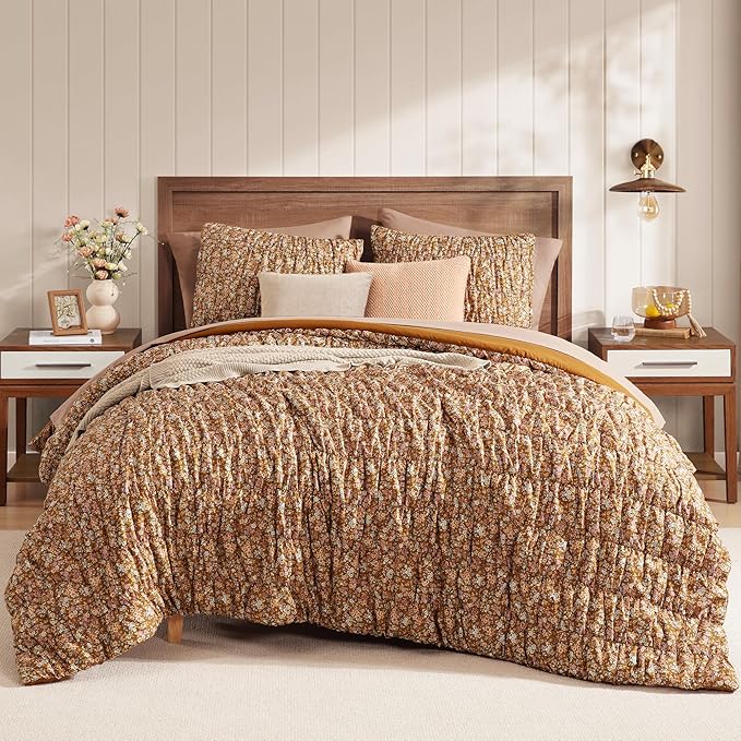 Queen Comforter Set-7 Pieces Brown Classic Puff Floral Bedding Sets for All Seasons,Shabby Chic Farmhouse Bed in a Bag Queen with Wildflowers Comforter,Sheets, Pillowcases & Shams