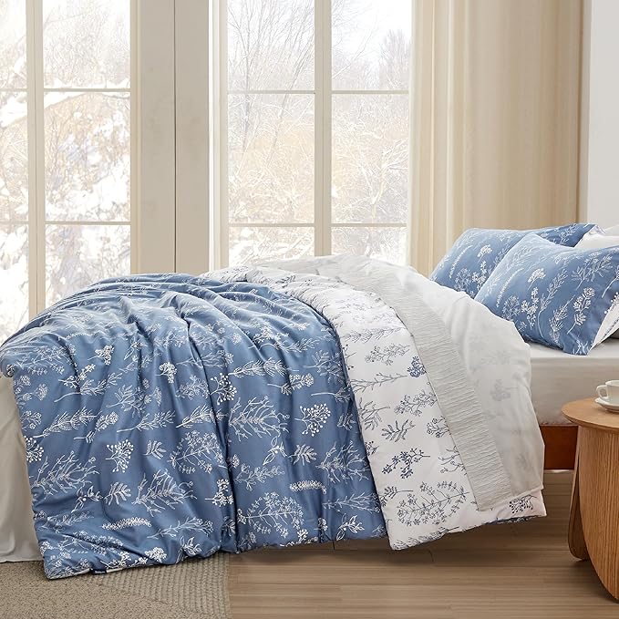 Bedsure Queen Comforter Set - Infinity Blue Bed Set, 3 Pieces Cute Floral Bedding, 1 Soft Reversible Botanical Flowers Comforter and 2 Pillow Shams