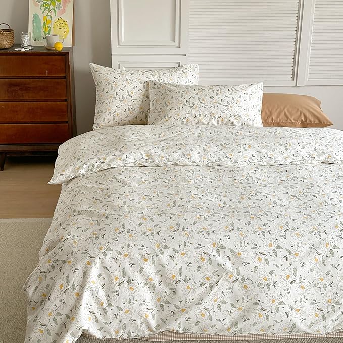 AOJIM Kids Adults Duvet Cover Set with Floral Pattern, Soft Comfy 100% Cotton Comforter Cover Set 3pcs, 1 Reversible Aesthetic Quilt Cover Full Size and 2 Matching Pillowcases for Room Decor, No Quilt