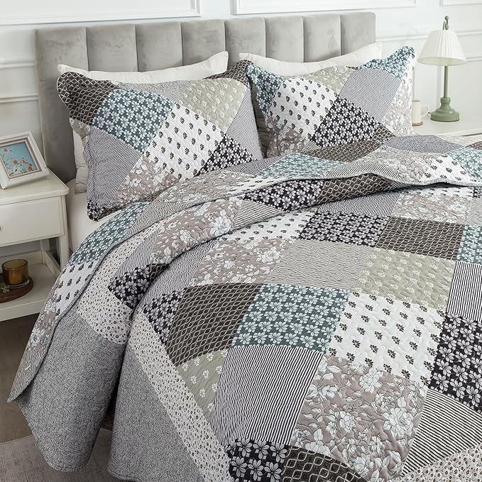 Travan 3-Piece Quilt Set Quilted Bedspread Garden Style Floral Printed Oversized Microfiber Lightweight Coverlet Set with Shams, Exquisite, Queen Size