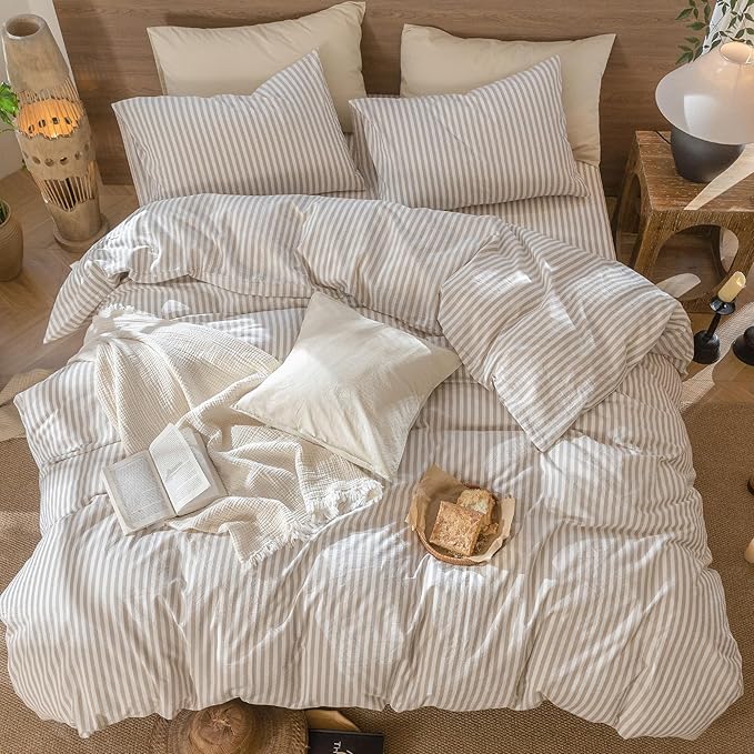 MooMee Striped Duvet Cover Set 100% Washed Cotton Linen Like Textured Breathable Durable Soft Comfy (Tannish Linen Grey White Classic Stripes, Super King Plus 120"x120")