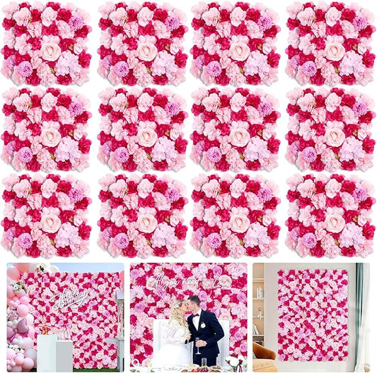Wedding Backdrop Flower Wall Panels: 24 Packs 15x15 Inches Hot Pink Background - Bridal Shower Party Anniversary Ceremony Decor