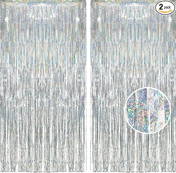 BRAVESHINE Silver Streamers Party Backdrop - 2Pcs 3.2x8.2ft Tinsel Foil Fringe Curtain for Christmas/New Years/Birthdays/Bachelorette/Anniversary/Engagement/Dance Ball/Winter’s Snowflake Decorations