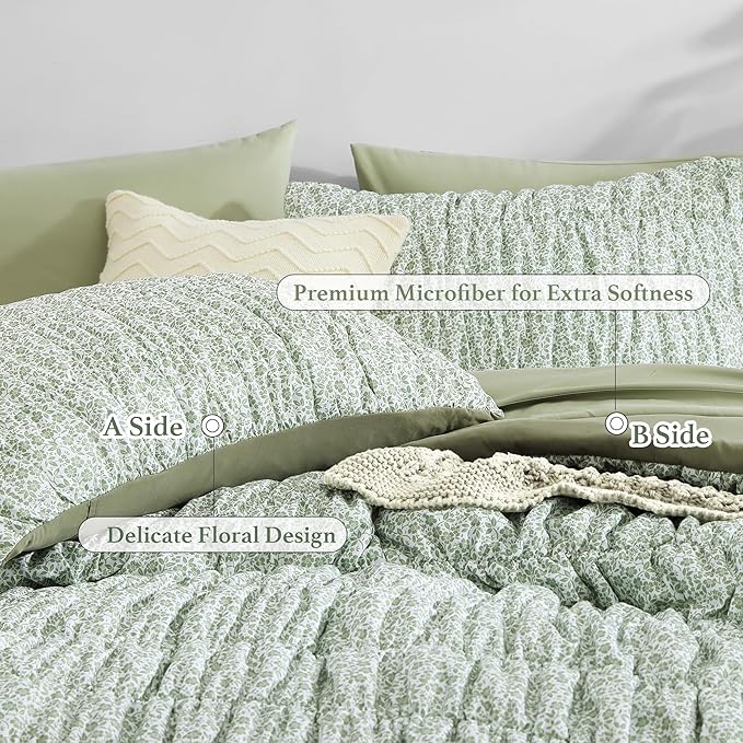 King Comforter Set-7 Pieces Sage Green Classic Puff Floral Bedding Sets for All Seasons,Shabby Chic Farmhouse Bed in a Bag King with Wildflowers Fluffy Comforter,Sheets, Pillowcases & Shams