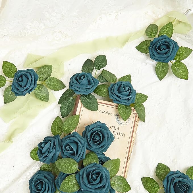 Artificial Flowers, 25pcs Artificial Rose for DIY Wedding Bouquets Centerpieces Arrangements, Dark Teal Fake Rose with Stems for Birthday Bridal Shower Graduation Events Decoration