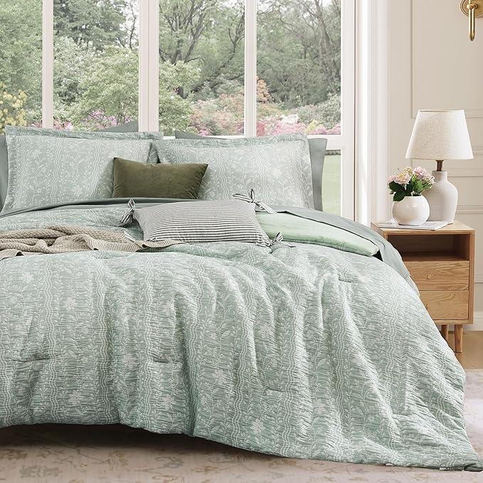 King Comforter Set -7 Pieces Green Floral Comforter Set for All Seasons, Bed in a Bag King with Botanical Flowers Comforter, Sheets, Pillowcases & Shams