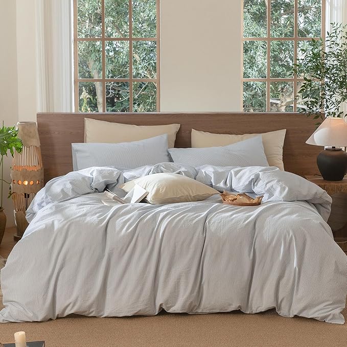 MooMee Striped Duvet Cover Set 100% Washed Cotton Linen Like Textured Breathable Durable Soft Comfy (Cornflower Blue White Pinstripes, King 104"x90")
