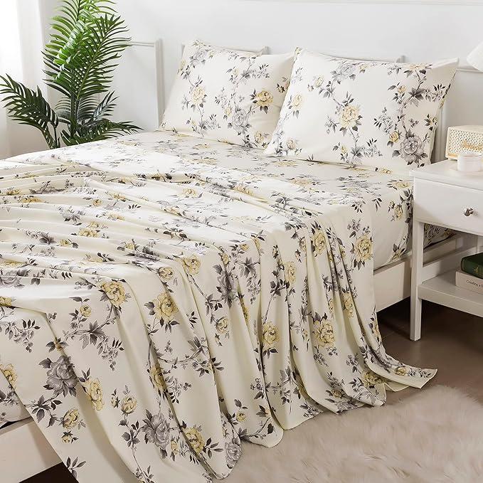 FADFAY Floral Sheets Set Queen Vintage Rose Floral Bedding Shabby Grey and Yellow Peony Sheets Farmhouse Bedding 800 Thread Count 100% Egyptian Cotton Soft Deep Pocket Fitted Sheet 4Pcs, Queen Size