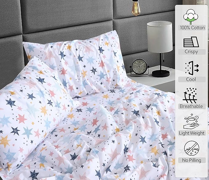 RUVANTI 100% Cotton Twin Sheets Set, 3 Pieces, Soft & Breathable Percale Weave Bedding, Deep Pocket 16", Hotel Standard, Crisp Cool Feel, Durable, Perfect Floral Bed Sheet, Fault Star