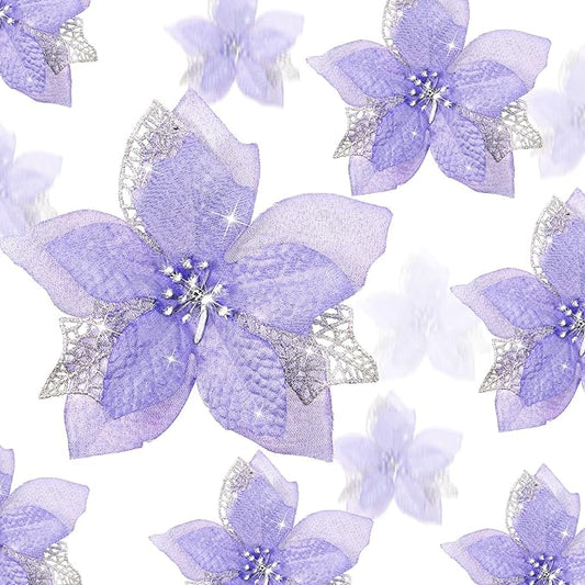 WILLBOND 36 Pieces Christmas Poinsettia Glitter Faux Flowers Christmas Artificial Flowers Tree Ornaments Topper Xmas Decorations(Purple)