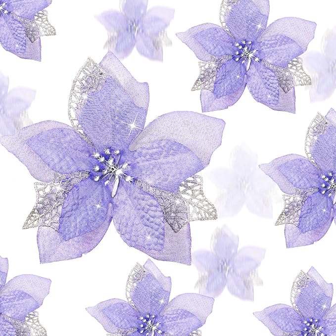 Boao 24 Pieces Christmas Artificial Glitter Poinsettia Flowers Xmas Flowers Wedding Christmas Tree New Year Ornaments(Purple)
