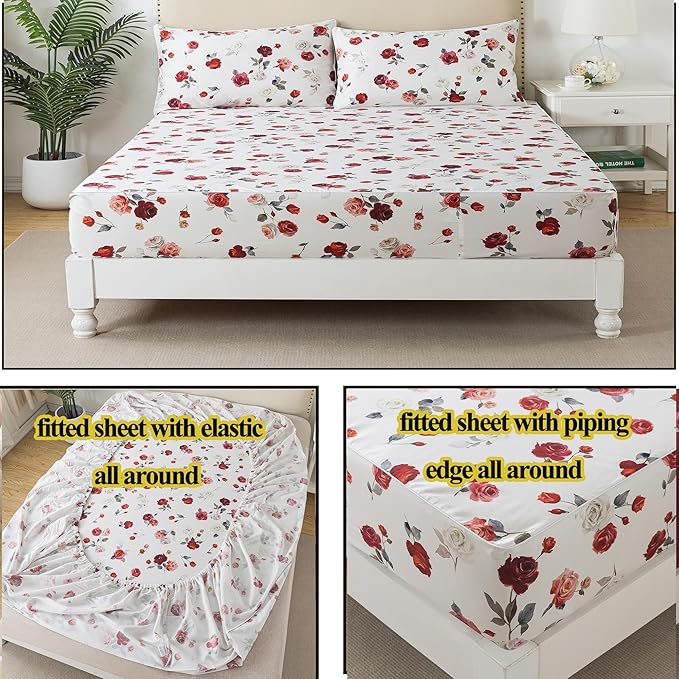 FADFAY Rose Sheets Set Queen Vintage White Rose Floral Bedding Chic Red Rose Bed Sheets Shabby Farmhouse Bedding 100% Percale Egyptian Cotton 800 Thread Count Deep Pocket Fitted Sheet 4Pcs,Queen Size