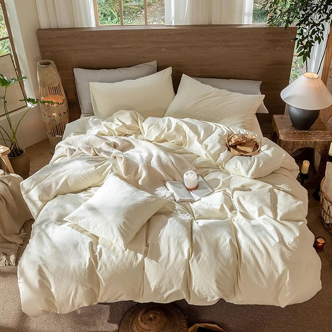 MooMee Wavy Striped Duvet Cover Set 100% Washed Cotton Linen Like Textured Breathable Durable Soft Comfy (Cream White, Oversized King Plus 128"x120")