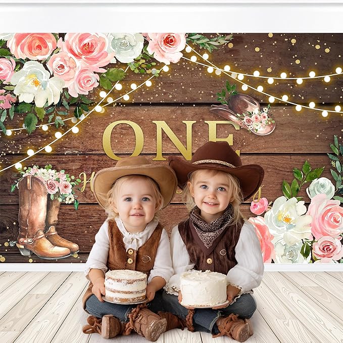 SVBright Cowgirl First Birthday Backdrop 5Wx3H Western Rustic Country Retro Wooden Plank Pink Flower Happy Birthday Baby Shower Wood Hat Decorations Photography Background Banner Photo Booth Studio