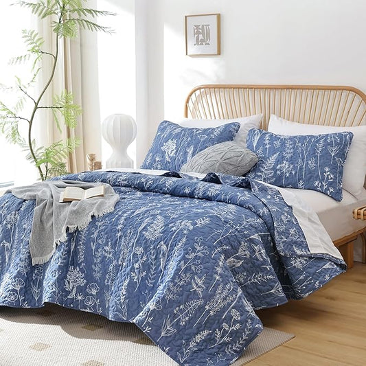 JANZAA Quilt King Size Infinity Blue Quilt Bed Spread Boho Quilt with Floral Pattern Microfiber Quilts Set 3 Pieces Lightweight Comforter Reversible Bedding Set,1Quilt 104x90 inches, 2 Pillowcases