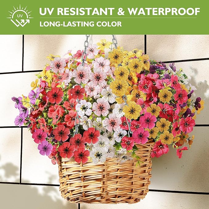 14 Bundles Artificial Flowers UV Resistant for Patio Outdoors Fake Faux Silk Plants Realistic Plastic Flowers Indoors Porch Window Home Decoration (14, Mixed Fuchsia Purple Yellow Red)
