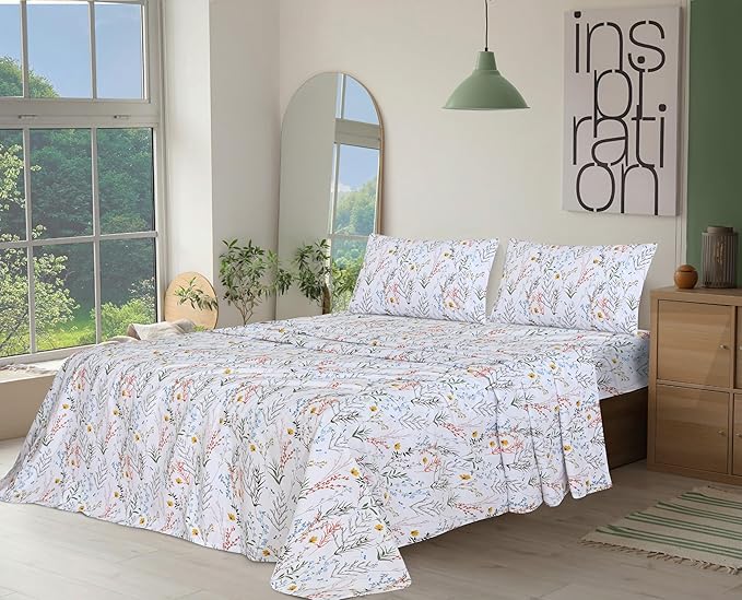 RUVANTI 100% Cotton Full Size Bed Sheets, 4 Pieces, Soft & Breathable Percale Weave Bedding, Deep Pocket 16", Hotel Standard, Crisp Cool Feel, Durable, Perfect Sheet Set Floral, Aroma