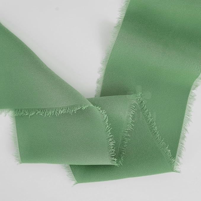 MEEDEE Sage Chiffon Ribbon 3 Inch Green Frayed Ribbons Sage Green Chiffon Silk Light Green Ribbon Wide Chiffon Ribbons for Crafts, Flower Bouquet, Wedding Favors Wrapping (2 Rolls 10 Yards)