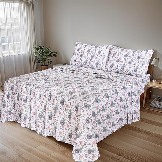 RUVANTI 100% Cotton Sheets Queen Size Set, 4 Pieces, Soft & Breathable Percale Weave Bedding, Deep Pocket 16", Hotel Standard, Crisp Cool Feeling, Durable, Perfect Floral Bed Sheet, Dandelion Field