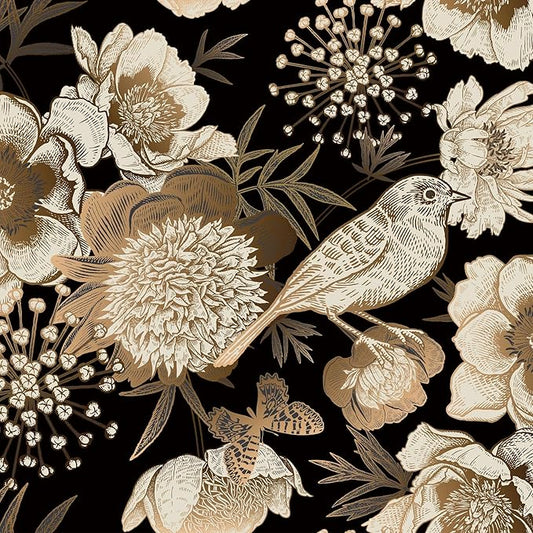 Floral & Birds Peel and Stick Wallpaper Antique Gold Black Self Adhesive Removable Floral Wallpaper for Bedroom Renter Friendly Floral Contact Paper for Bedroom Bathroom Walls Shelf Liner 17.7"x118.1"