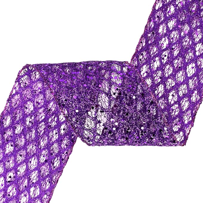 VATIN 4" Purple Christmas Ribbon, Purple Glitter Mesh Diamond Web Sequin Dots Wired Christmas Ribbon for Gift Wrapping Bow Making Wreath Supply-10 Yards