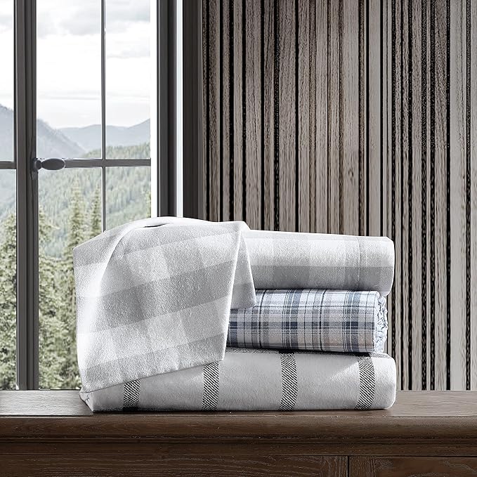 Eddie Bauer - Flannel Sheets Twin Size, Anti-Pilling & Wrinkle Resistant Cotton, Touchably Soft for All-Season Comfort - Bed Sheets with Matching Pillowcases & Fitted Sheet (Lakehouse Plaid)