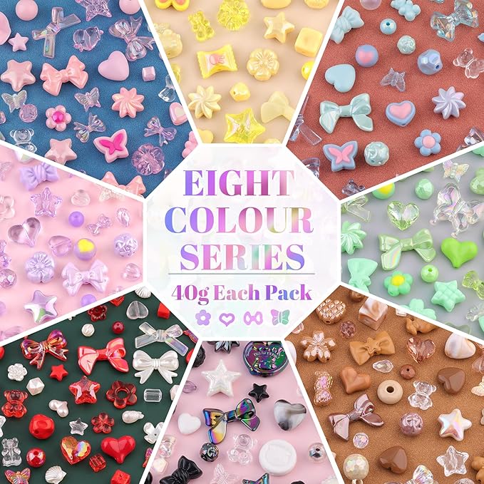 Assorted Acrylic Beads, 500-550PCS 8 Colors Mixed Cute Beads for Bracelet Making, GummyBear Bow Flower Kawaii Charms for Jewelry Making DIY Necklace Keychain Phone Charm Christmas Gift