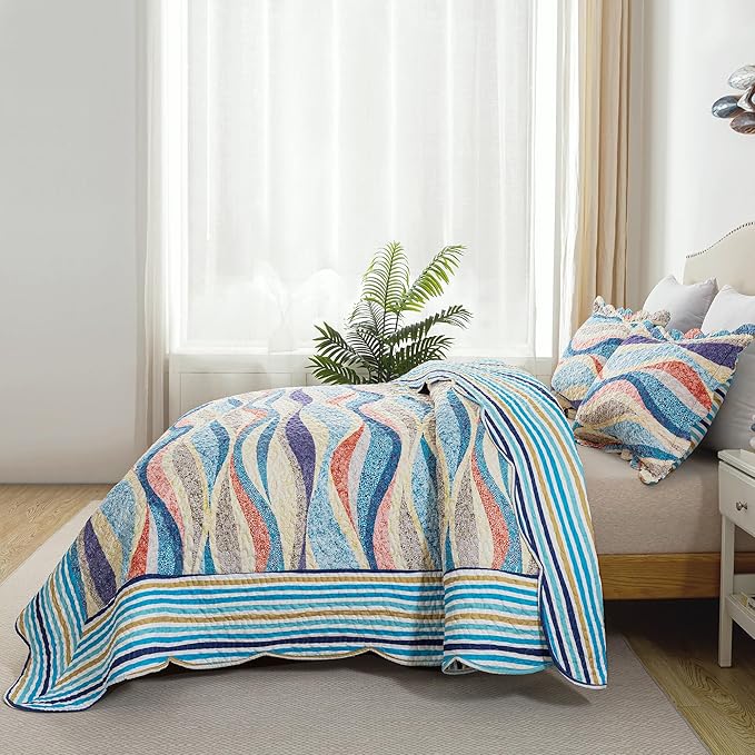 HoneiLife Qversized Queen Quilt - 106"x106" Coastal Quilt Sets, Beach Quilt 3-Piece, Nautical Bedspreads Ocean Coverlets, Lightweight Bed Cover, Summer Quilts