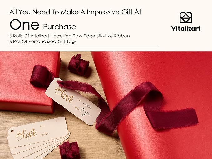 Vitalizart Red Wrapping Paper Set 30" Pearly-Lustre With Silk Like Satin Ribbon & Gift Tags Recyclable Christmas Gift Wrapping Birthday Baby Shower Wedding Handmade Crafts 197"(16.4 Ft)