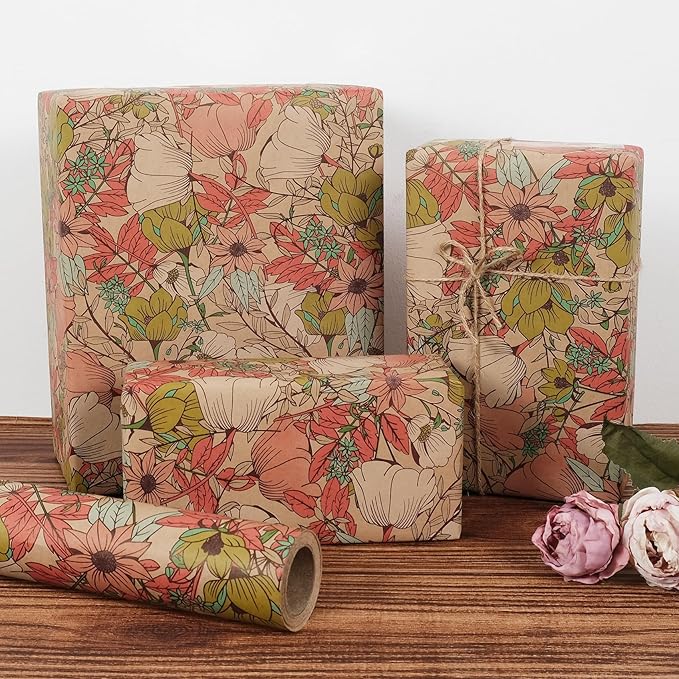 Aimyoo Kraft Floral Wrapping Paper Roll - Mini Roll - 17 Inch x 32.8 Feet - All Occasion Vintage Flower Gift Wrap Paper for Mother's Day Wedding Birthday Bridal Shower