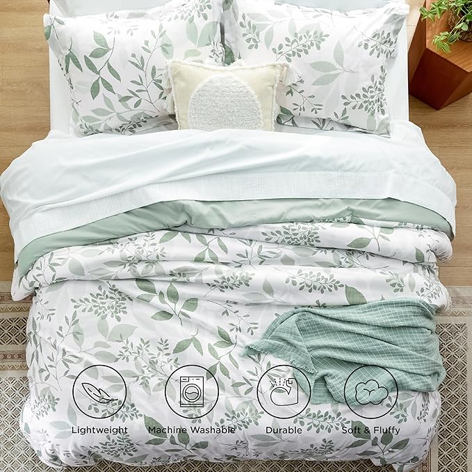 Bedsure Comforter Set Queen Size - Cute Floral Bedding Comforter Set, 3 Pieces, 1 Soft Reversible Sage Green Botanical Flowers Comforter and 2 Pillow Shams