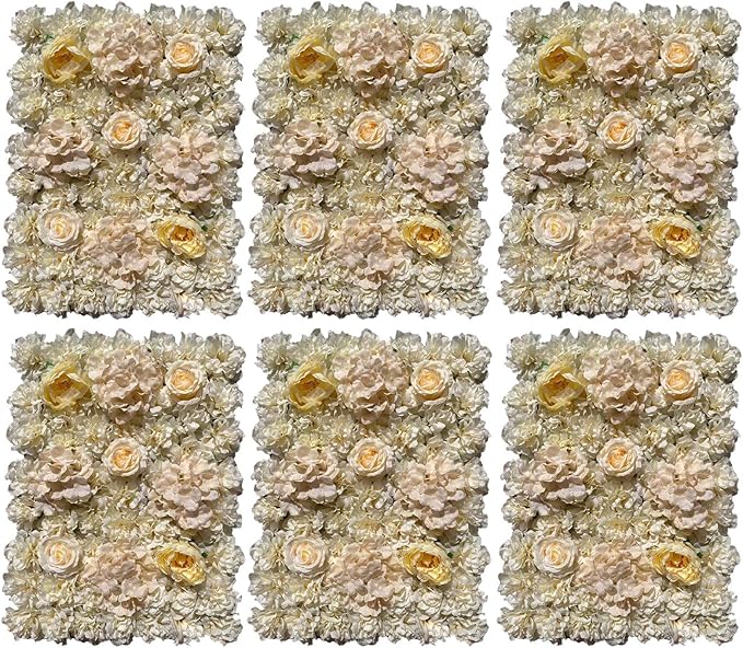 16"x 24" Artificial Flower Wall Panels,Flower Wall Mat Silk Flower Panels for Outdoor Garden Backyard Fence Fence Privacy Screen and Indoor Wall Decor (6Pcs Light Yellow)