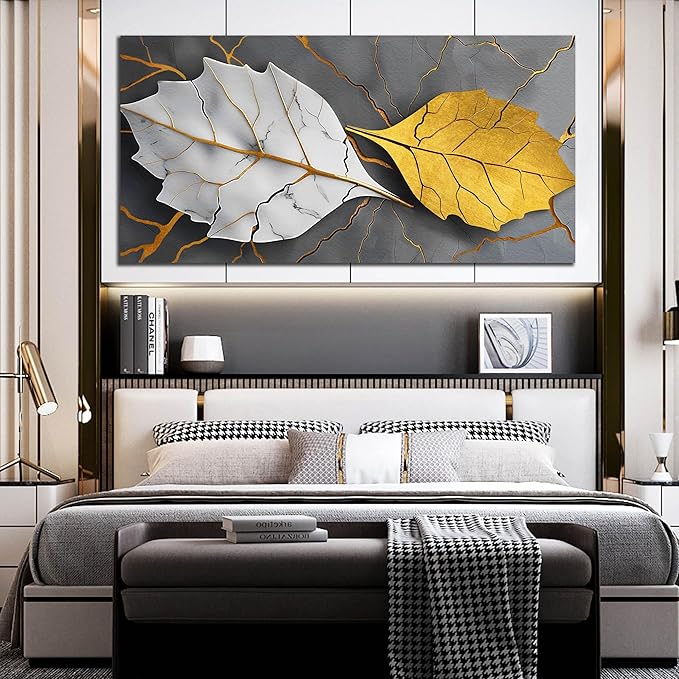 Large Canvas Wall Art for Living Room Bedroom Office Gold and White Leaves Picture Modern Canvas Prints Grey Abstract Framed Wall Decor Size 29x59
