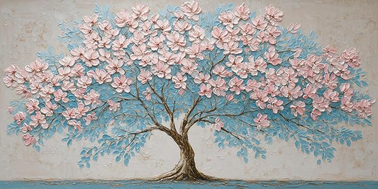 IDAFU Pink Tree of Life Canvas Wall Art Pink Flower Tree Wall Décor Abstract Pink Flowering Tree on Teal Blue Nature Landscape Painting Ready for Living Room, Bedroom, Office Home Décor 30L x 16W