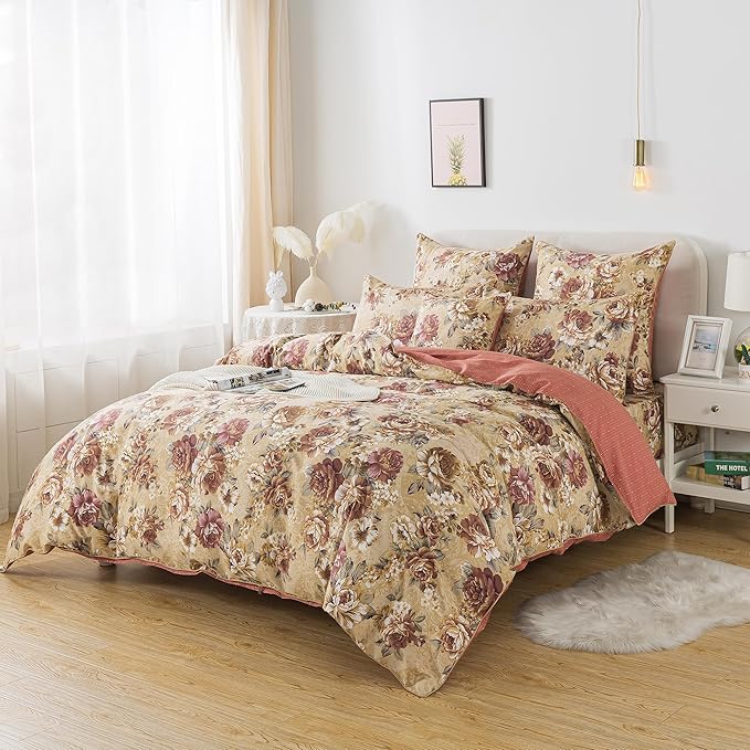 FADFAY Duvet Cover Sets Tan Peony Floral Bedding Shabby Brown Flower Comforter Cover Set Vintage Farmhouse Bedding 100% Cotton Quilt Cover with Hidden Zipper Closure 3Pcs, King/California King Size
