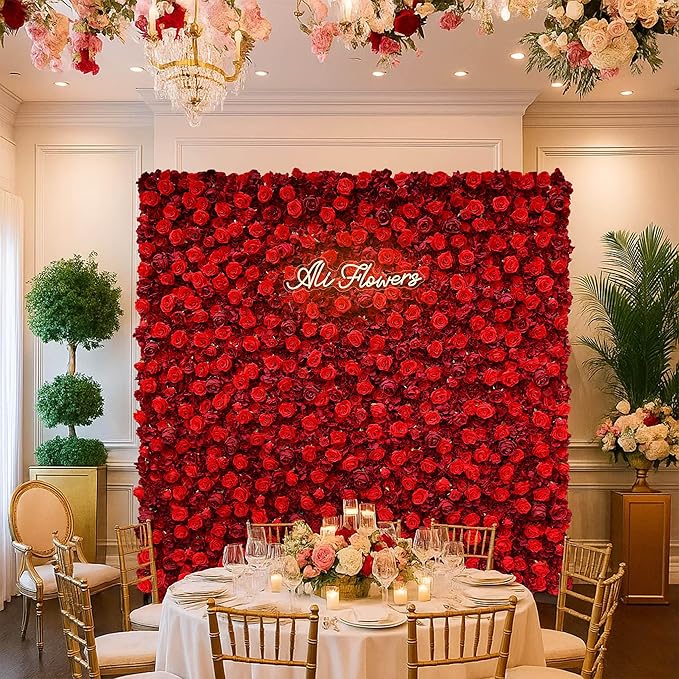 Artificial Red Rose Flower Wall Backdrop Luxury‌ Floral Backdrop for Wedding Balloon Party Baby Shower Birthday Decor Quick Assembly