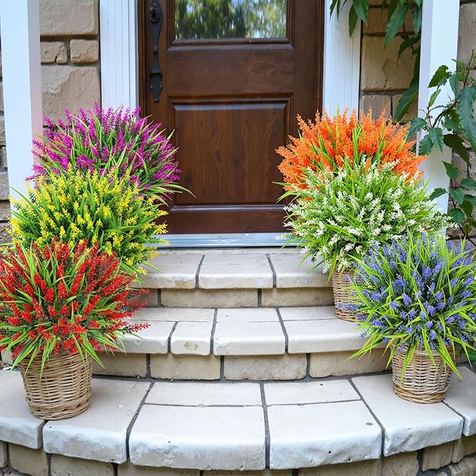 Ouddy Decor 24 Bundles Artificial Flowers for Outdoors, Fake Lavender Flowers Monkey Grass Faux Plastic Plants Shrubs UV Resistant for Porch Garden Window Box Office Home Decorations, Yellow