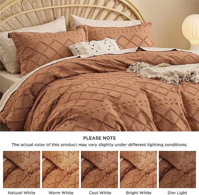 Bedsure Boho Duvet Cover Queen Size,Burnt Orange Breathable & Soft Boho Bedding,Machine Washable Comforter Cover for All Seasons, Includes 1 Duvet Cover 90"x90" with 2 Pillow Shams & Zipper Closure