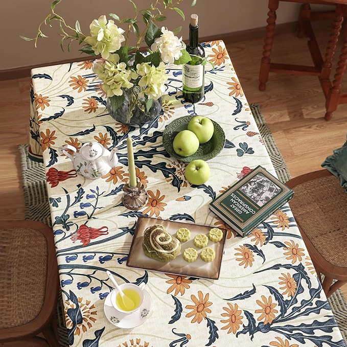 French Vintage Rectangular Tablecloth,Linen Tablecloth with Gold and Red Floral Pattern,Decorative Table Cover for Kitchen,Dining,Thanksgiving,Party,Living Room,63" × 87"-Tijuana