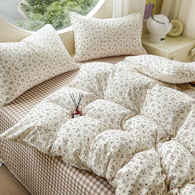 LifeTB 100% Cotton Muslin Duvet Cover King Size Vintage Botanical Floral Duvet Cover Ultra Soft Flower Comforter Cover Lightweight Soft Breathable Gauze Bedding Comforter Cover with 2 Pillowcases