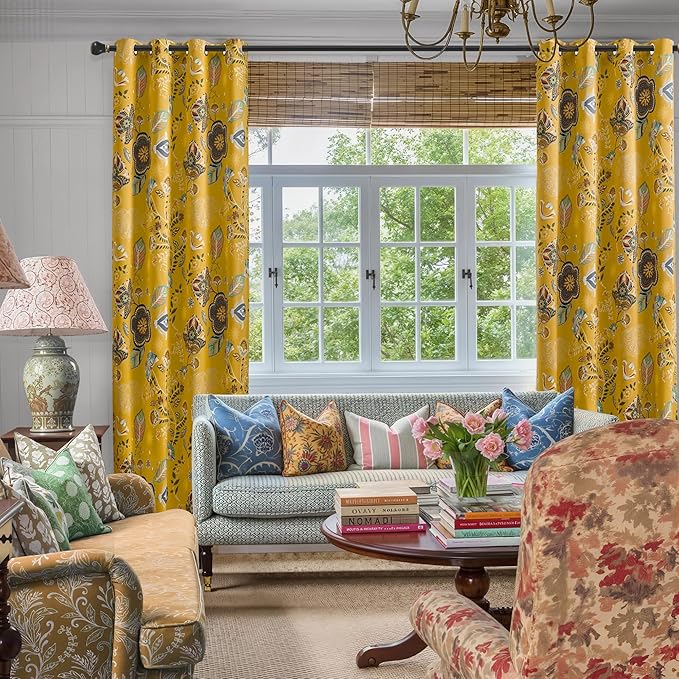 XiDi Mustard Yellow Blackout Curtains 96 Inches Long 2 Panels for Bedroom Vintage Floral Patterned Curtains Botanical Luxury Modern Living Room Dining Room Darkening Privacy Grommet Drapes 52x96 8ft
