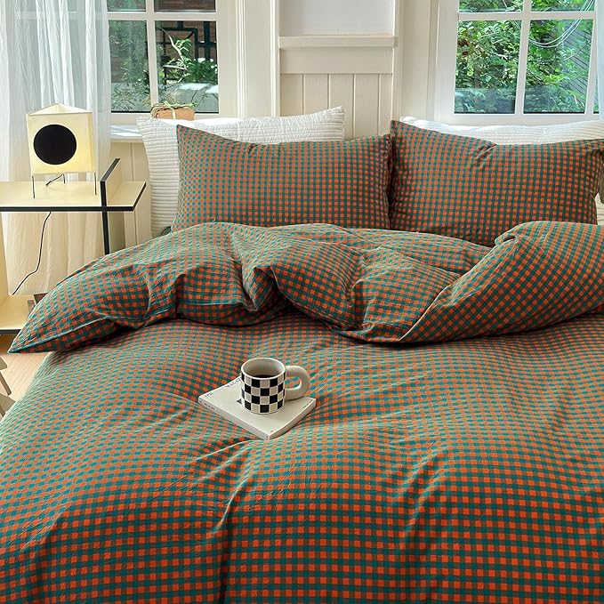 LifeTB Gingham Comforter Set King Modern Style Plaid Checkered Pattern Comforter Soft Fluffy Gingham Bedding Set Lightweight Orange Green Grid Bedding Comforter Fluffy Checkered Comforter Set