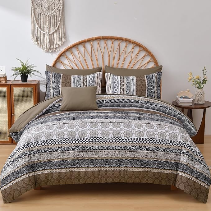 Cottolester Brown Comforter Set King Size,Boho Fall Bed in a Bag 8 Pieces,Paisley Soft Microfiber Bedding Comforter Set