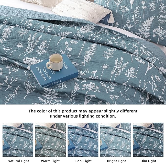 JANZAA Twin Quilt Mineral Blue Quilt Bed Spread Boho Quilt with Floral Pattern Microfiber Quilts Set 2 Pieces Lightweight Comforter Reversible Bedding Set, 1Quilt 66x90 inches,1 Pillowcase