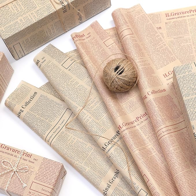 Large Newspaper Tissue Paper for Gift Wrapping Retro Kraft Magazine with Black Printed Bouquet Tissue Paper 27.5x19.7 Inch Mother's Day, Birthday Gifts Packaging Craft Paper 28pcs (2 Kraft Black)
